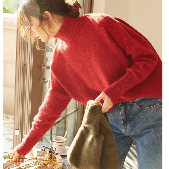 Red Knit Turtleneck Pullover Sweater Long Sleeve Drop Shoulder